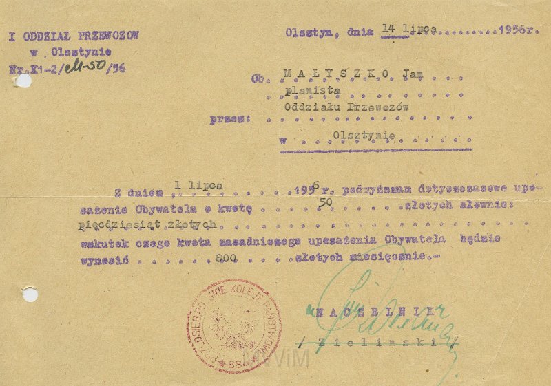 KKE 5635.jpg - Dok. Pismo z Oddziału Przewozów w Olsztynie dla Jana Małyszko dotyczące uposażenia zawodowego, Olsztyn, 14 VII 1956 r.